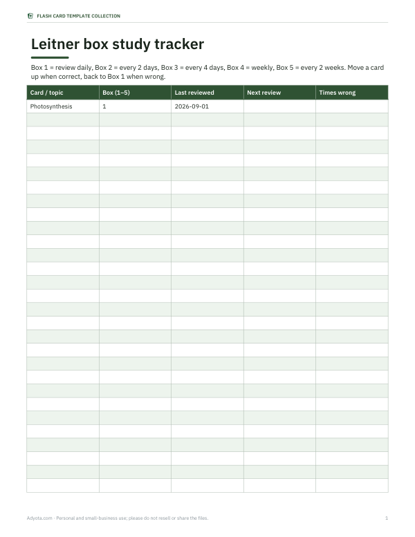 Preview of Printable Flash Card Study Tracker